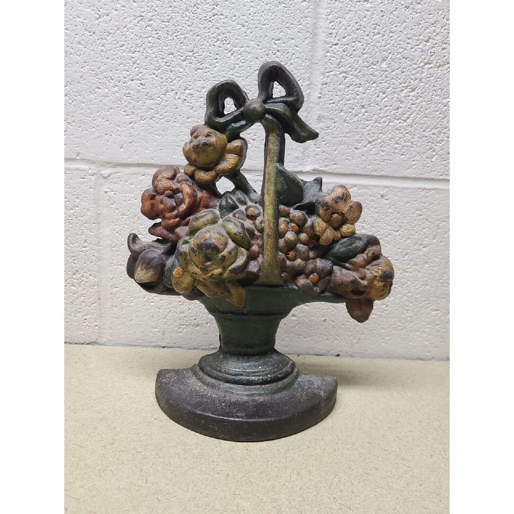 Vintage Diamond Foundary Cast Iron Metal Door Stop BASKET FLOWERS BOW - 11 X 9"